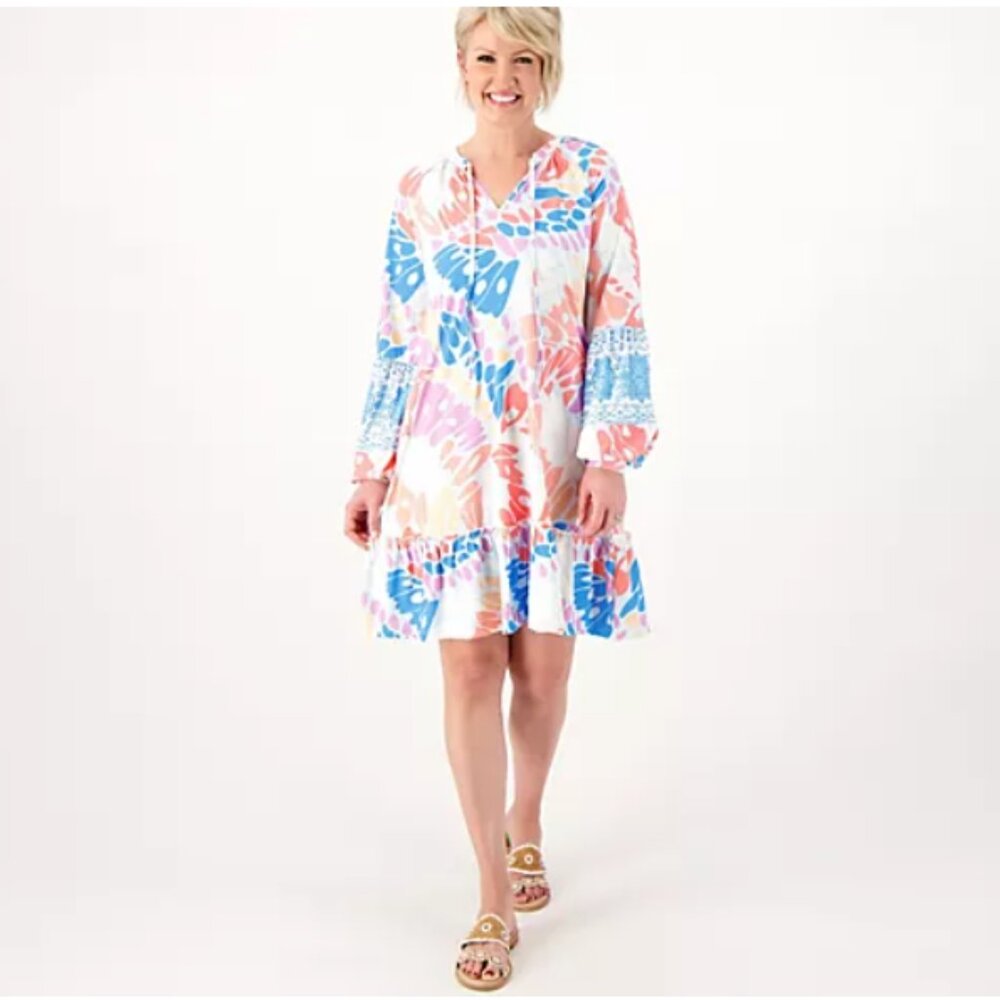 Tolani Long-Sleeve Dress with Tiered Hemline and Pockets - Coral Abstract - NEW